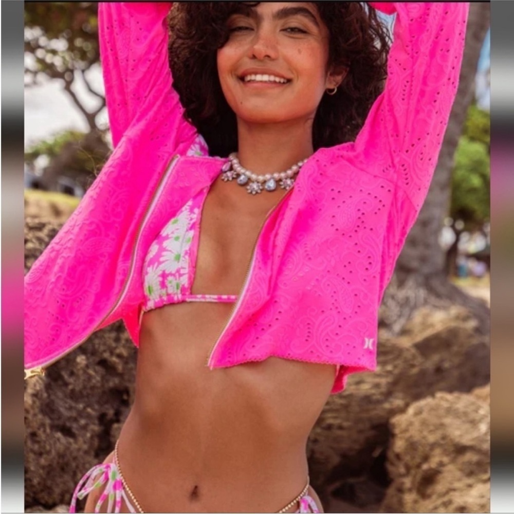 LOVE SHACKFANCY X Hurley Eyelet Paisley Zip Up Hoodie Hot Pink